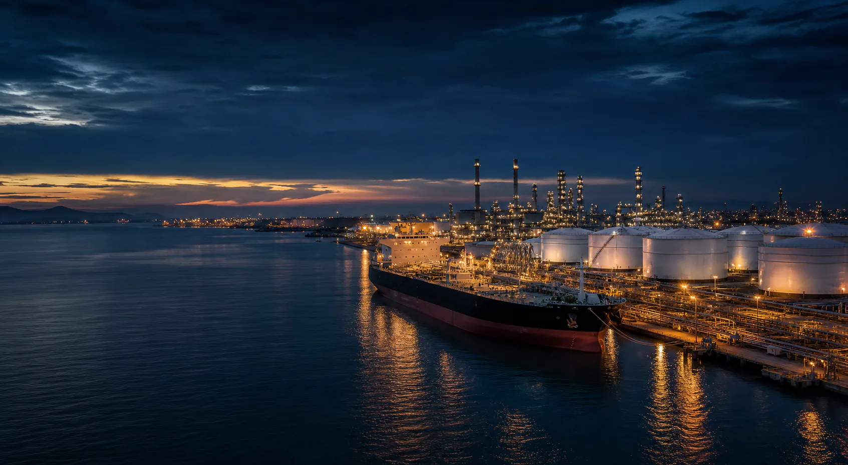 International oil terminal with tanker vessel, storage tanks, and refinery lights at dusk