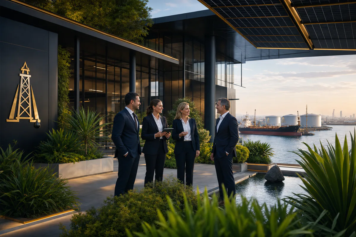 Executives on a landscaped corporate terrace with plants, solar canopy, and port infrastructure in the distance